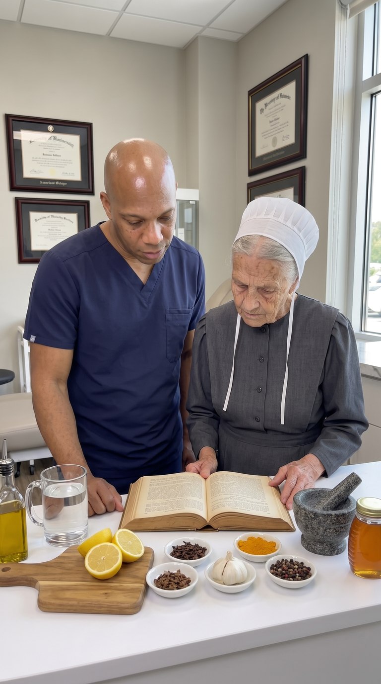 Donovan Vance and an Amish woman reviewing a handwritten remedy book with kitchen ingredients on the table