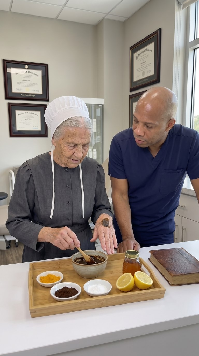 Donovan Vance and an Amish woman mixing a preparation in a bowl with kitchen ingredients on a tray