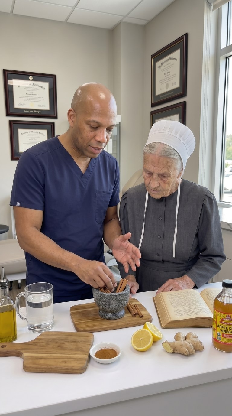 Donovan Vance and an Amish woman preparing an evening remedy with a mortar and pestle